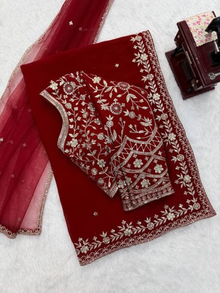 Bridal Red Faux Georgette Saree with Embroidered Blouse and Dupatta at Wholsale Rate Designer Wedding Sarees Wholesale