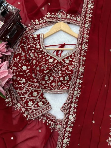 Bridal Red Faux Georgette Saree with Embroidered Blouse and Dupatta at Wholsale Rate Designer Wedding Sarees Wholesale