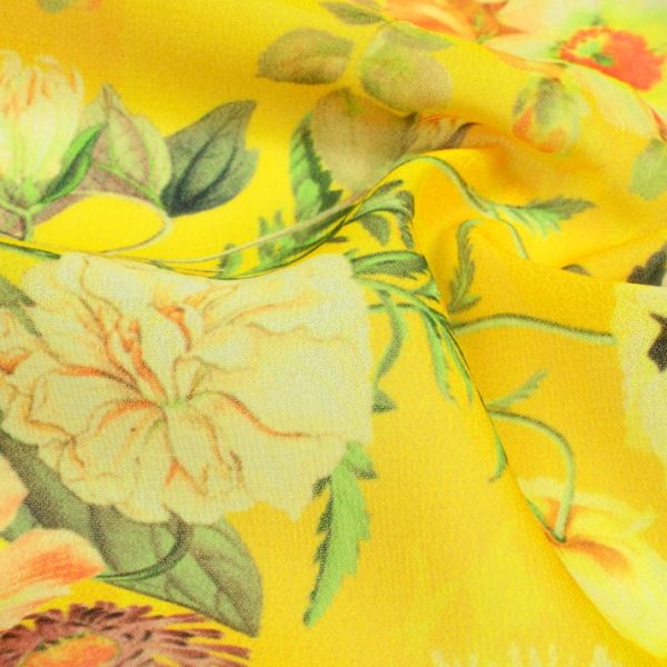 Bright Yellow And Peach Floral Pattern Digital Print Georgette Fabric Digital print 