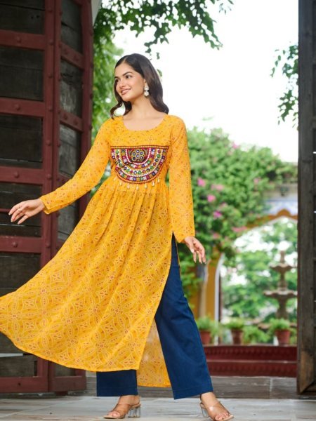 Bright Yellow Georgette Anarkali Kurti with Bandhani Print and Gamthi Work Festival Ready Look 
