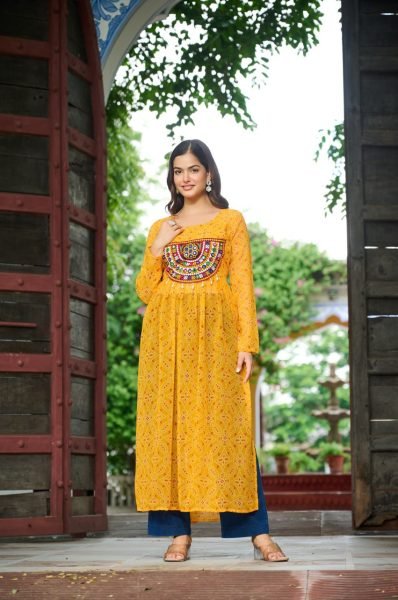 Bright Yellow Georgette Anarkali Kurti with Bandhani Print and Gamthi Work Festival Ready Look Navratri Collection