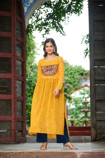 Bright Yellow Georgette Anarkali Kurti with Bandhani Print and Gamthi Work Festival Ready Look Navratri Collection