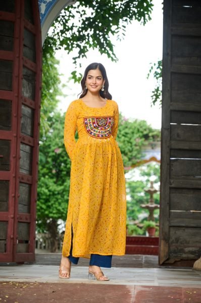 Bright Yellow Georgette Anarkali Kurti with Bandhani Print and Gamthi Work Festival Ready Look Navratri Collection