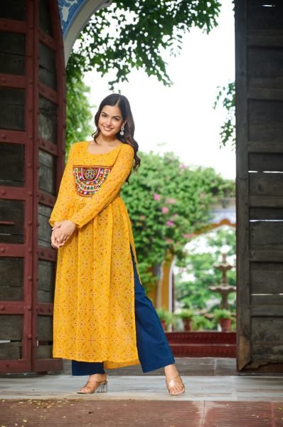 Bright Yellow Georgette Anarkali Kurti with Bandhani Print and Gamthi Work Festival Ready Look Navratri Collection