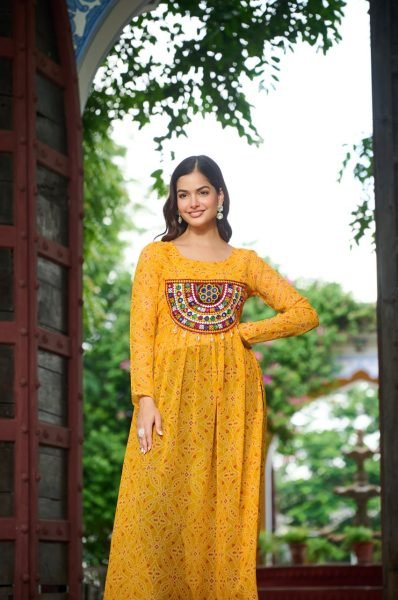 Bright Yellow Georgette Anarkali Kurti with Bandhani Print and Gamthi Work Festival Ready Look Navratri Collection