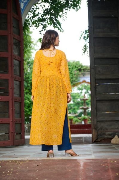Bright Yellow Georgette Anarkali Kurti with Bandhani Print and Gamthi Work Festival Ready Look Navratri Collection
