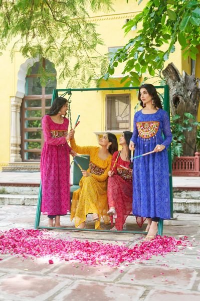 Bright Yellow Georgette Anarkali Kurti with Bandhani Print and Gamthi Work Festival Ready Look Navratri Collection