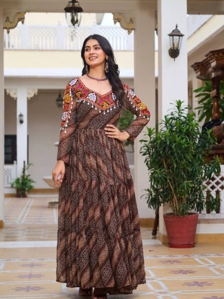 Brown Bandhani Gown with Codi Lace Perfect Festive Flair for Garba Evenings  Lehenga