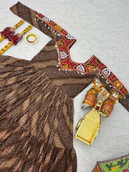 Brown Bandhani Gown with Codi Lace Perfect Festive Flair for Garba Evenings Navratri Lehnega Choli