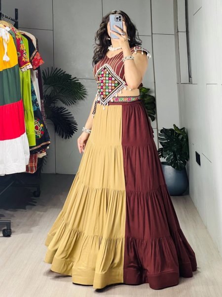 Brown Beige Boutique Style Rayon Cotton Navratri Lehenga with Traditional Mirror Work  Lehenga