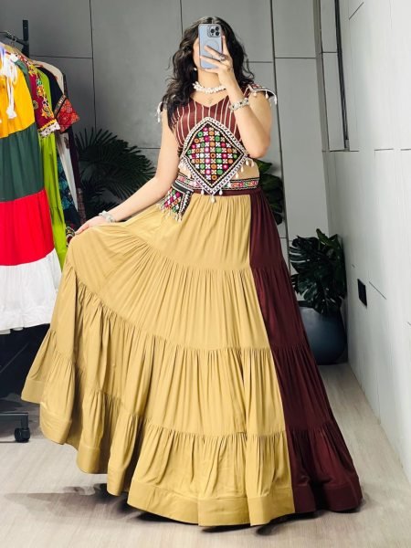 Brown Beige Boutique Style Rayon Cotton Navratri Lehenga with Traditional Mirror Work Navratri Lehnega Choli