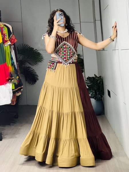 Brown Beige Boutique Style Rayon Cotton Navratri Lehenga with Traditional Mirror Work Navratri Lehnega Choli