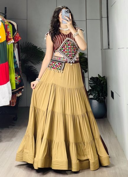 Brown Beige Boutique Style Rayon Cotton Navratri Lehenga with Traditional Mirror Work Navratri Lehnega Choli