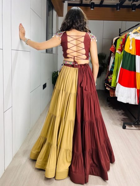 Brown Beige Boutique Style Rayon Cotton Navratri Lehenga with Traditional Mirror Work Navratri Lehnega Choli