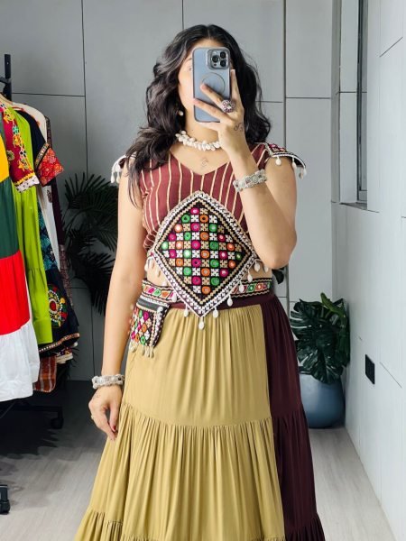 Brown Beige Boutique Style Rayon Cotton Navratri Lehenga with Traditional Mirror Work Navratri Lehnega Choli