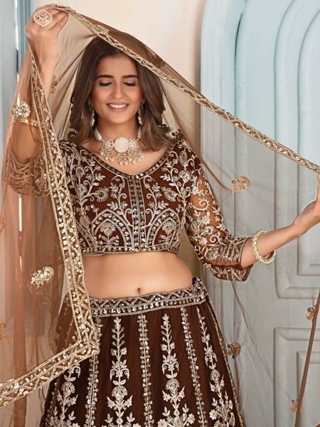 Brown Bridal Lehenga in Net with Heavy Embroidery and Dupatta Wedding Wear  Lehenga