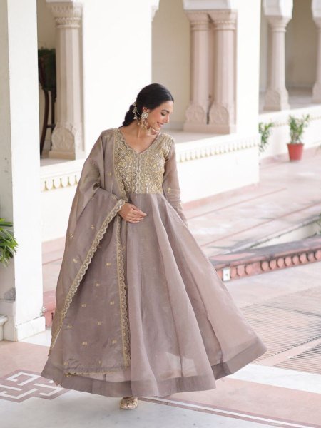 Brown Crush Gown with Zari and Sequence Embroidery Dupatta For Ethnic Wholesale Reseller Collection  Ready To Wear Suit