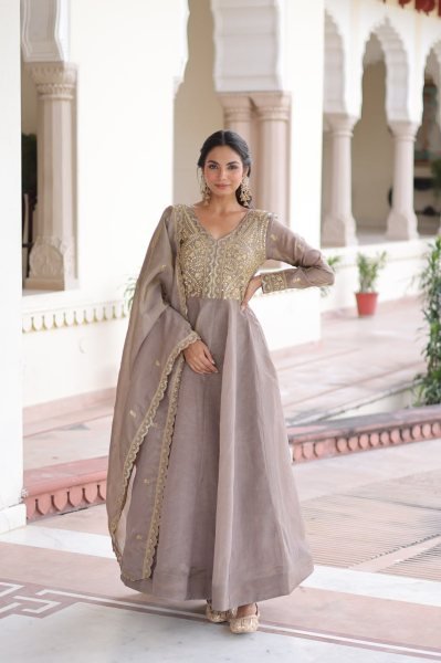 Brown Crush Gown with Zari and Sequence Embroidery Dupatta For Ethnic Wholesale Reseller Collection  Ready To Wear Collection