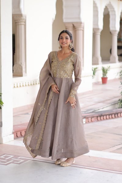 Brown Crush Gown with Zari and Sequence Embroidery Dupatta For Ethnic Wholesale Reseller Collection  Ready To Wear Collection