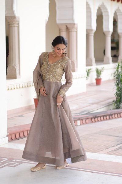 Brown Crush Gown with Zari and Sequence Embroidery Dupatta For Ethnic Wholesale Reseller Collection  Ready To Wear Collection