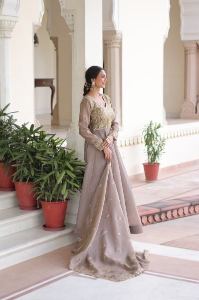Brown Crush Gown with Zari and Sequence Embroidery Dupatta For Ethnic Wholesale Reseller Collection  Ready To Wear Collection