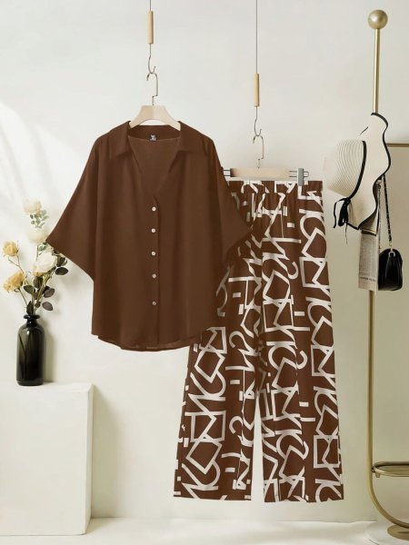 Brown Dailywear Co ord Set With Graphic Palazzo Wholesale Western Look Kurtis