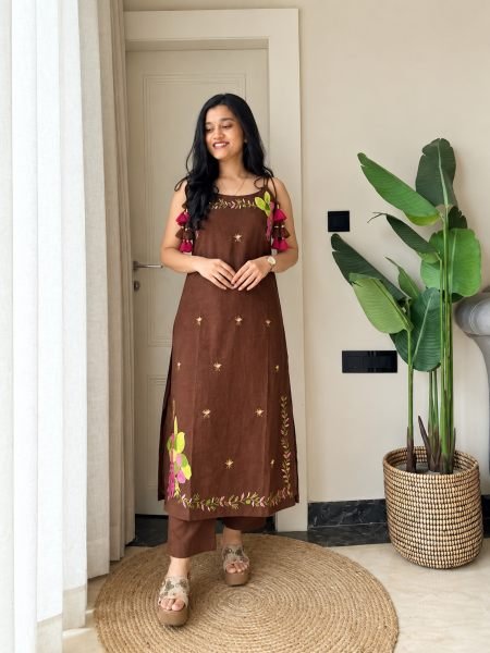 Brown Designer Heavy Fandy Silk Top with Embroidered Farshi Salwar For Festival 