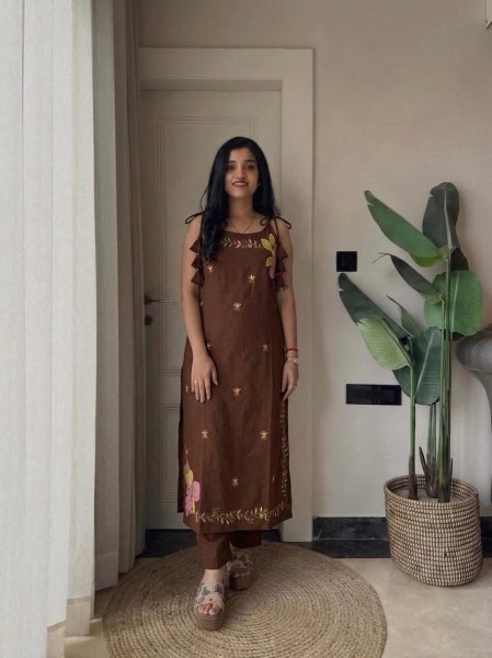Brown Designer Heavy Fandy Silk Top with Embroidered Farshi Salwar For Festival Cotton Kurtis Wholesale