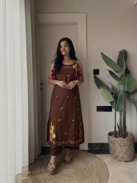 Brown Designer Heavy Fandy Silk Top with Embroidered Farshi Salwar For Festival Cotton Kurtis Wholesale