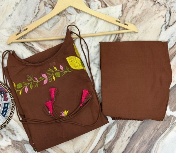Brown Designer Heavy Fandy Silk Top with Embroidered Farshi Salwar For Festival Cotton Kurtis Wholesale