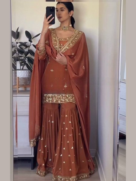 Brown Designer Sharara Set with Heavy Embroidery Perfect for Events Ready To Wear Suit
