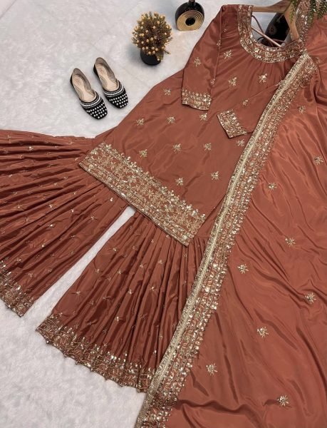 Brown Designer Sharara Set with Heavy Embroidery Perfect for Events Ready To Wear Collection