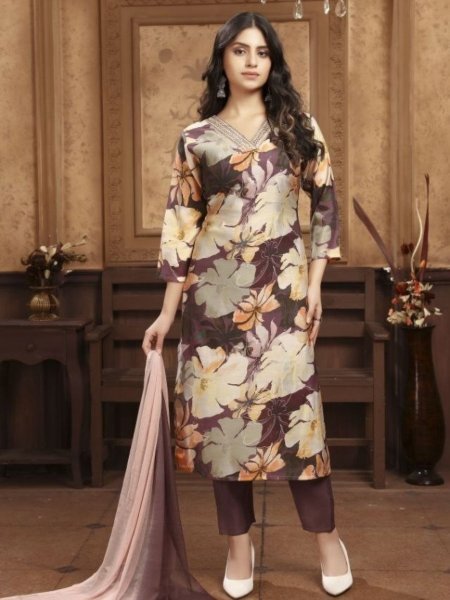 Brown Designer Top Pant Dupatta Set for Women Office Wear Kurtis