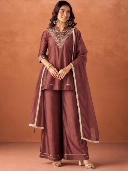 Brown Designer Vichitra Silk Kurti Palazzo Dupatta Set with Embroidery For Festival Kurtis