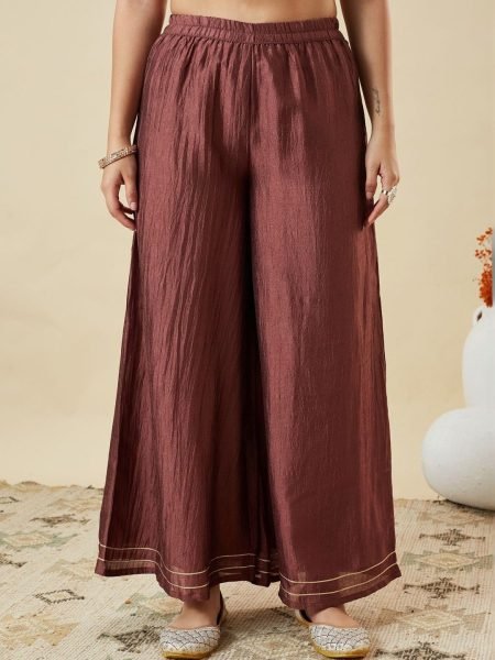 Brown Designer Vichitra Silk Kurti Palazzo Dupatta Set with Embroidery For Festival 3 Piece Kurti Set