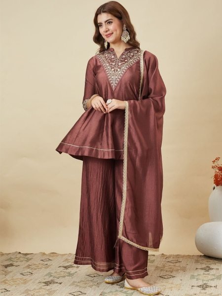 Brown Designer Vichitra Silk Kurti Palazzo Dupatta Set with Embroidery For Festival 3 Piece Kurti Set
