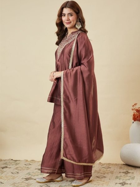 Brown Designer Vichitra Silk Kurti Palazzo Dupatta Set with Embroidery For Festival 3 Piece Kurti Set