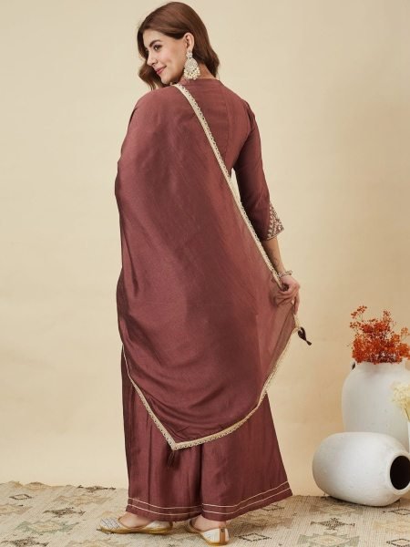 Brown Designer Vichitra Silk Kurti Palazzo Dupatta Set with Embroidery For Festival 3 Piece Kurti Set