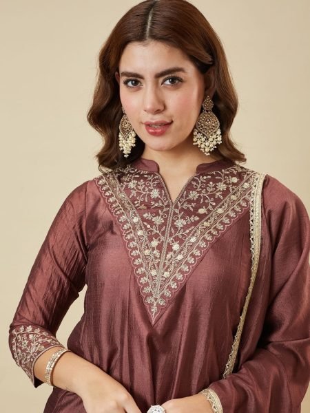 Brown Designer Vichitra Silk Kurti Palazzo Dupatta Set with Embroidery For Festival 3 Piece Kurti Set