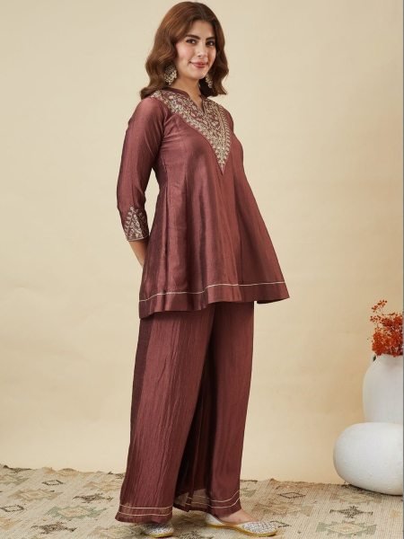 Brown Designer Vichitra Silk Kurti Palazzo Dupatta Set with Embroidery For Festival 3 Piece Kurti Set