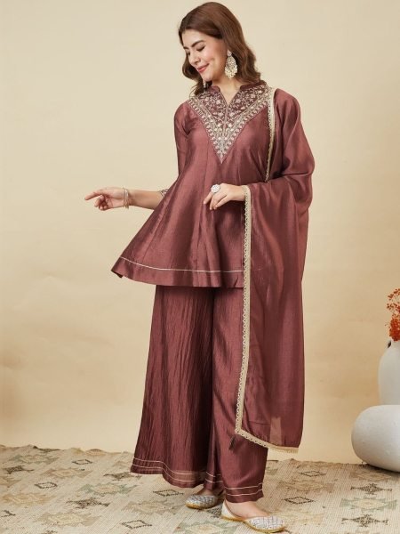Brown Designer Vichitra Silk Kurti Palazzo Dupatta Set with Embroidery For Festival 3 Piece Kurti Set