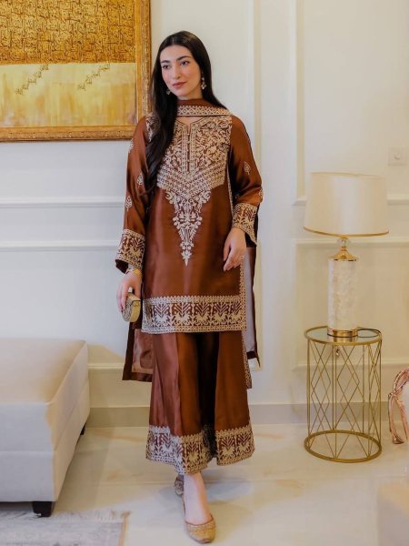 Brown Embroidered Chinon Palazzo Suit with Lace Work Festive and Partywear Look Ready To Wear Suit