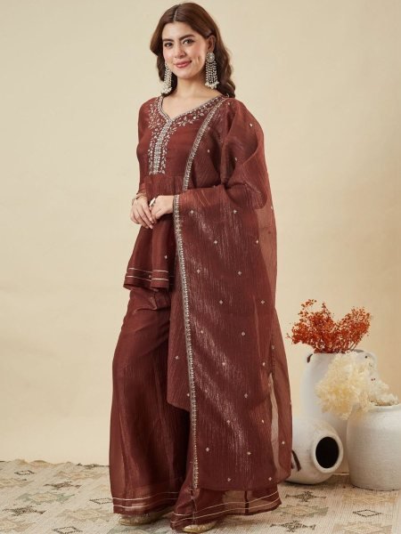 Brown Fandi Silk Palazzo 3 Pic Set With Embroidared Beautiful Neckline Work For Wholesale Fashion  Kurtis
