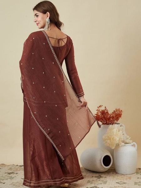 Brown Fandi Silk Palazzo 3 Pic Set With Embroidared Beautiful Neckline Work For Wholesale Fashion  Embroidery Kurtis 