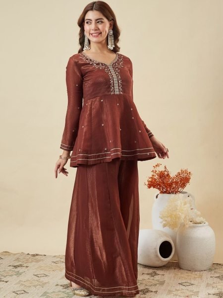 Brown Fandi Silk Palazzo 3 Pic Set With Embroidared Beautiful Neckline Work For Wholesale Fashion  Embroidery Kurtis 