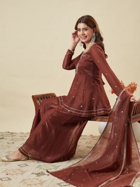 Brown Fandi Silk Palazzo 3 Pic Set With Embroidared Beautiful Neckline Work For Wholesale Fashion  Embroidery Kurtis 