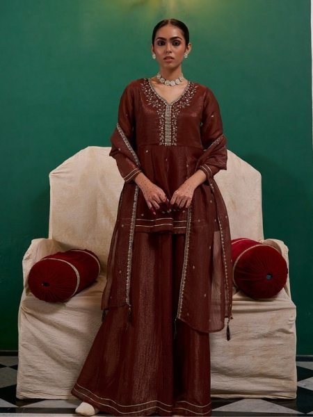 Brown Fandi Silk Palazzo 3 Pic Set With Embroidared Beautiful Neckline Work For Wholesale Fashion  Embroidery Kurtis 