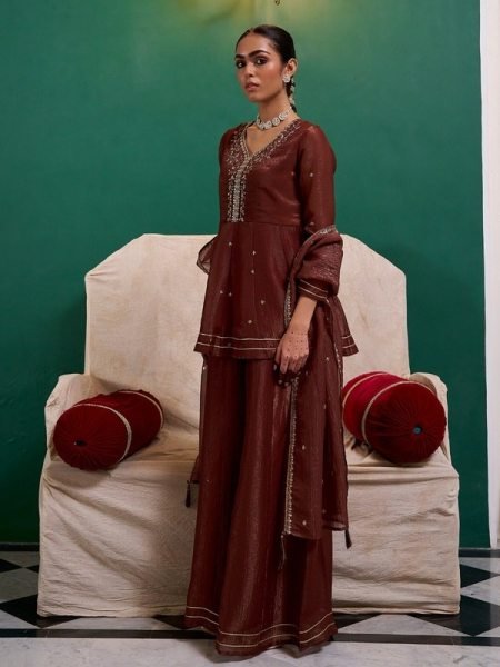 Brown Fandi Silk Palazzo 3 Pic Set With Embroidared Beautiful Neckline Work For Wholesale Fashion  Embroidery Kurtis 