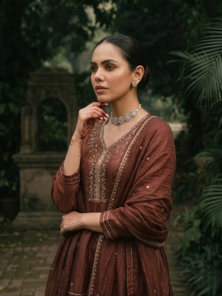 Brown Fandi Silk Palazzo 3 Pic Set With Embroidared Beautiful Neckline Work For Wholesale Fashion  Embroidery Kurtis 