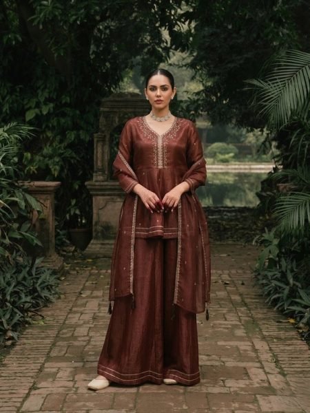 Brown Fandi Silk Palazzo 3 Pic Set With Embroidared Beautiful Neckline Work For Wholesale Fashion  Embroidery Kurtis 